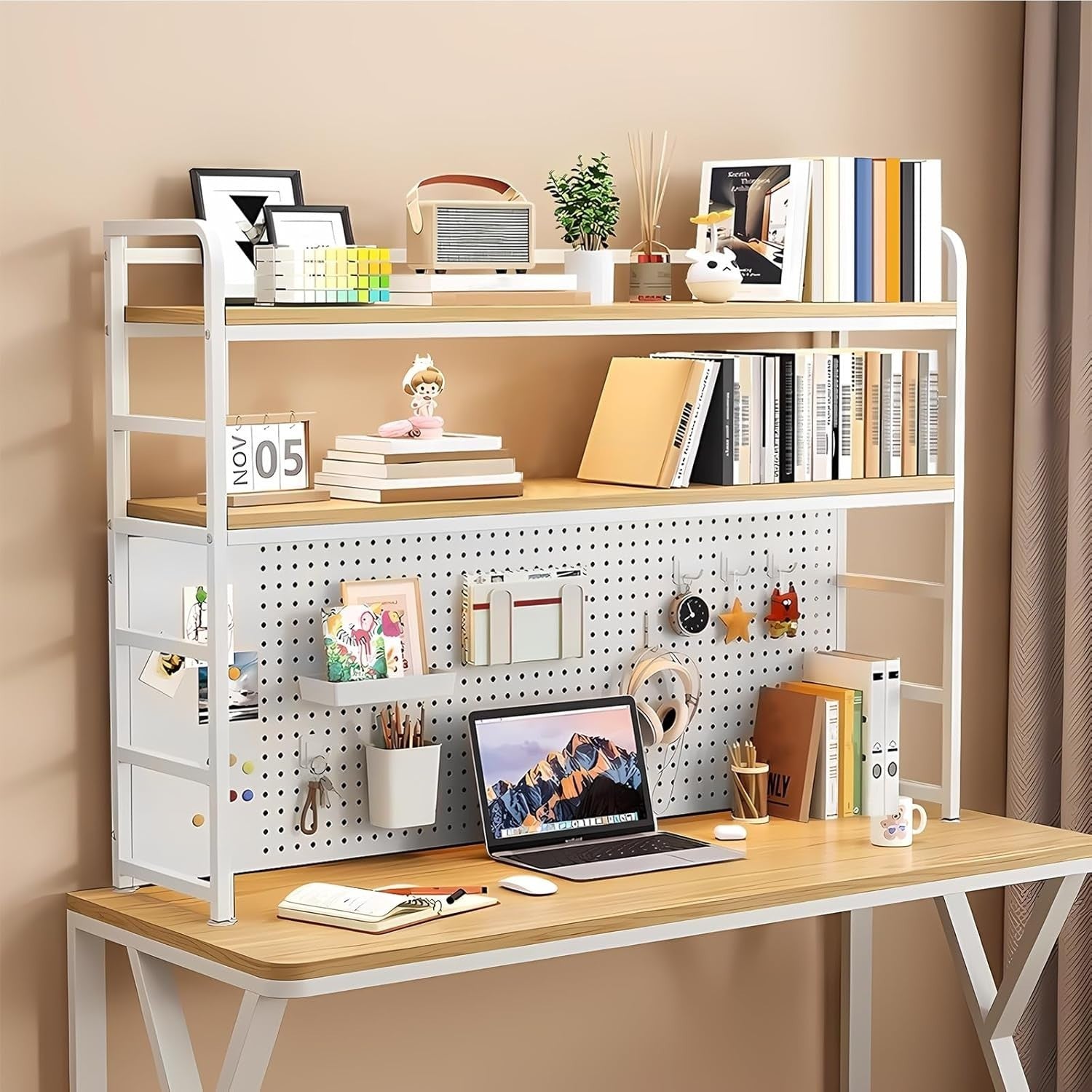 2-Tier Desktop Hutch Shelf w/ Pegboard Metal/MDF Organizer Rack 110cm White