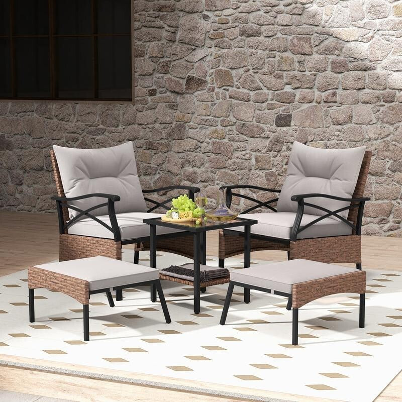 5 Piece Rattan Patio Furniture Set w/ Cushions & Table Outdoor Garden Seating