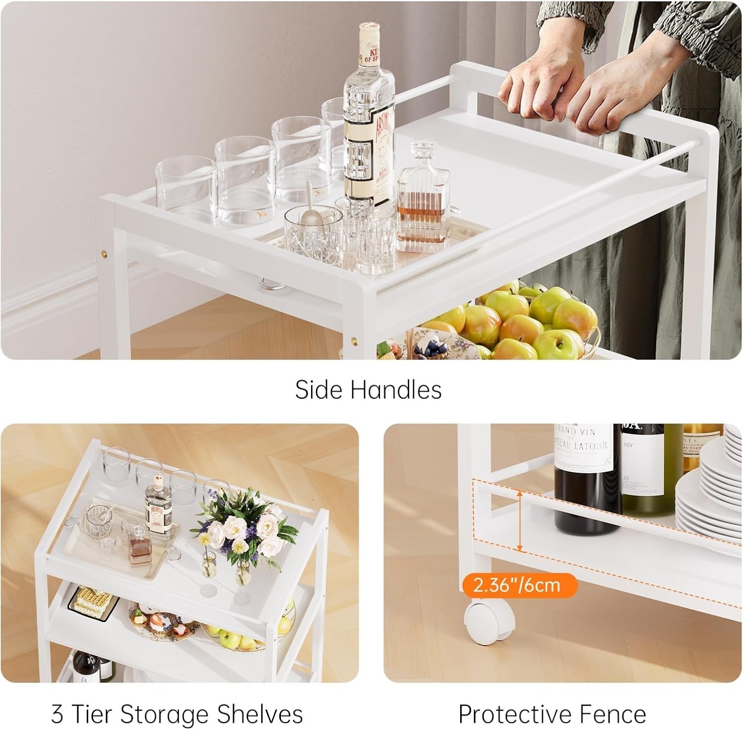 64x40x85cm White Bar Cart 3 Tier Rolling Drinks Trolley
