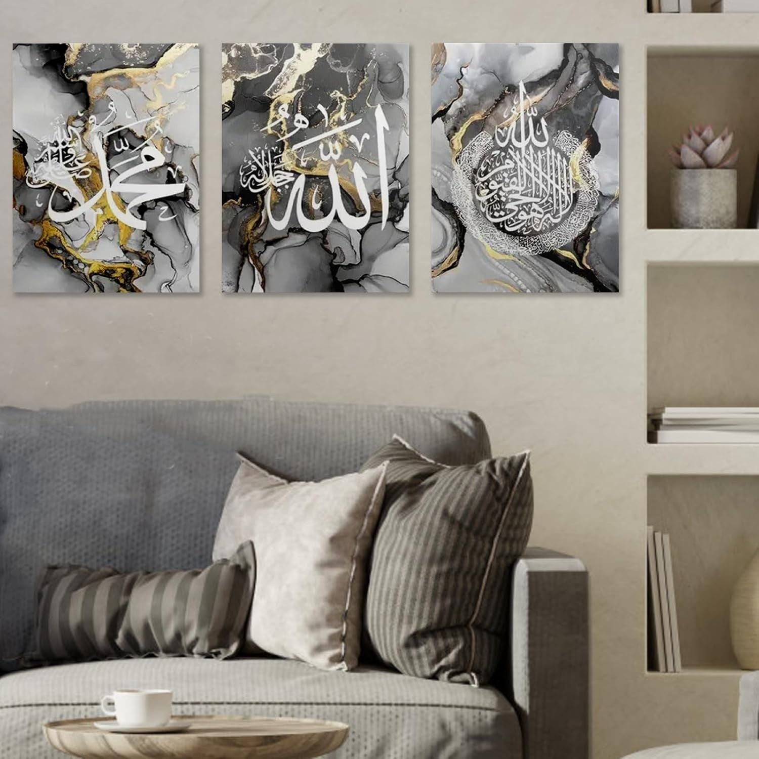 Islamic Wall Art Set of 3 Framed Canvas 30x40cm Grey Marble