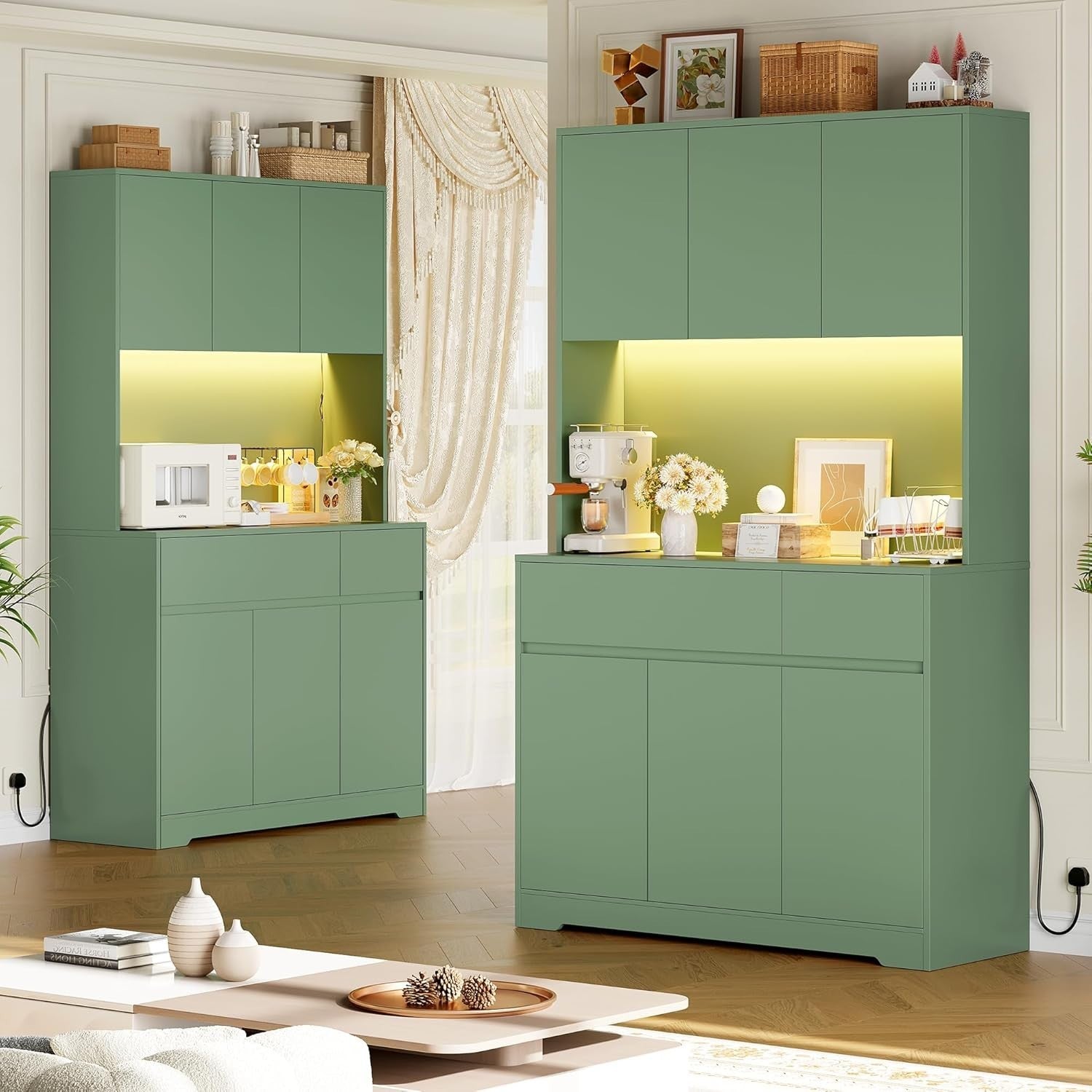 Green 180cm Tall Kitchen Cupboard 6 Doors 2 Drawers LED & Power Outlet