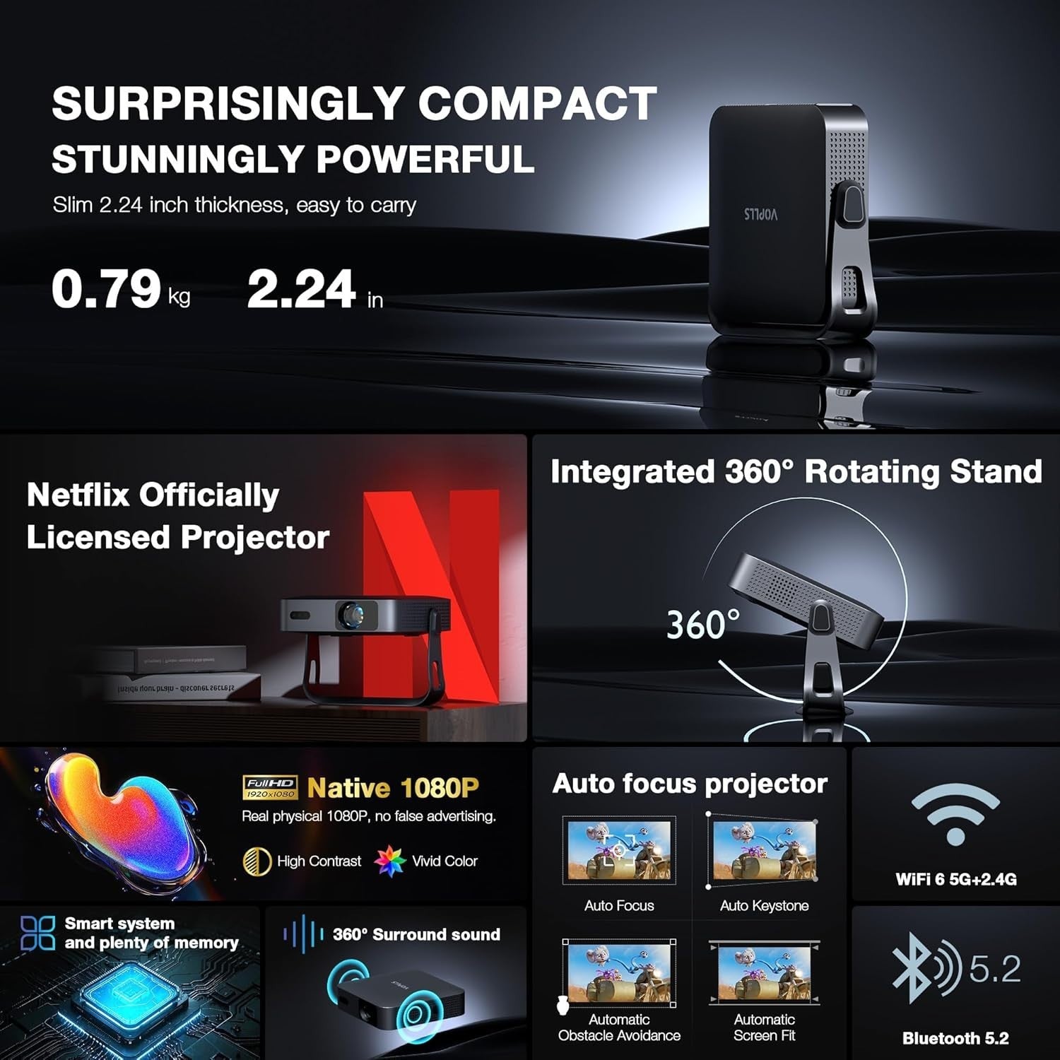 1080P 4K Smart Mini Projector WiFi 6 Bluetooth Auto Focus Portable