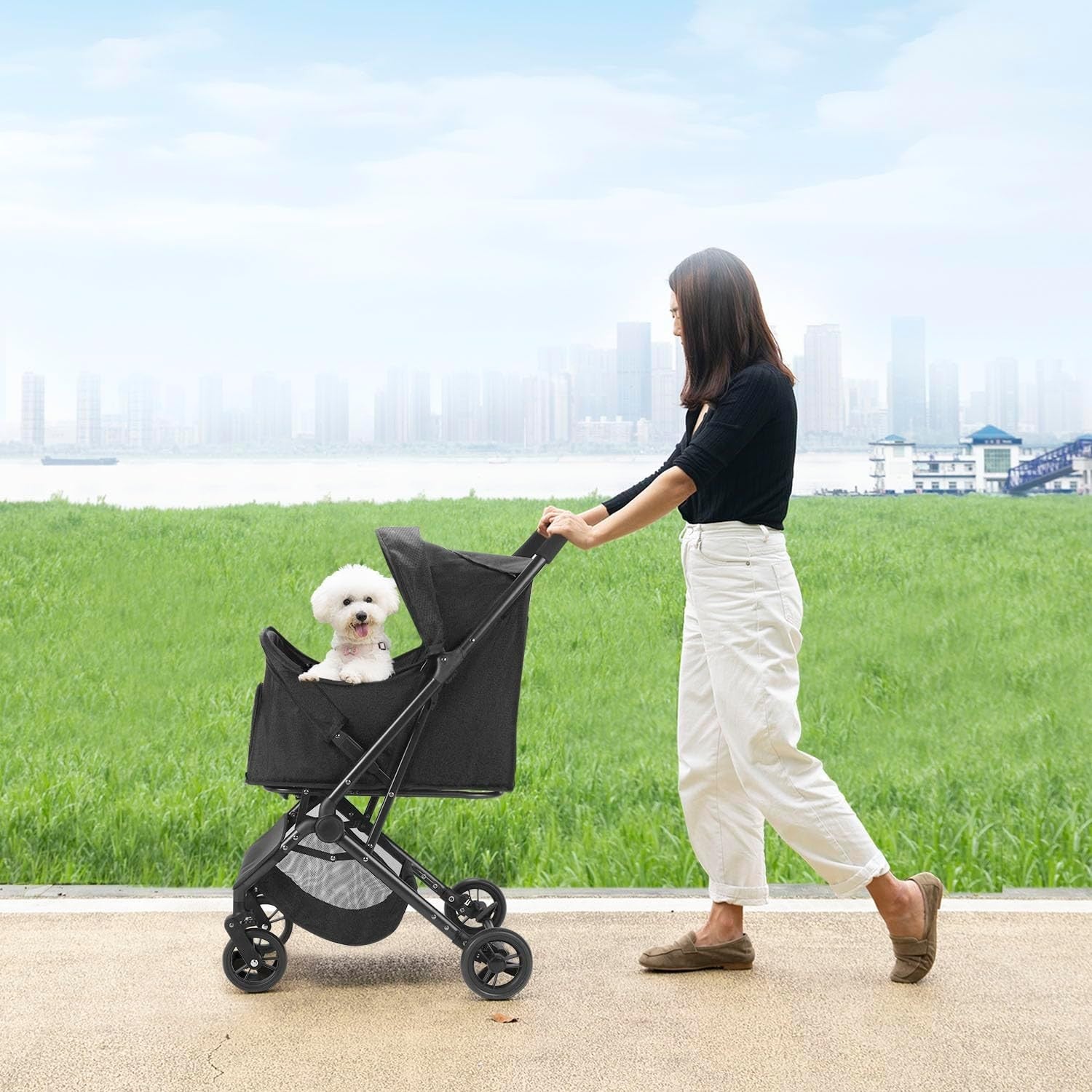 Pet Stroller 4 Wheel Folding Travel Carrier Small Medium Dogs Black