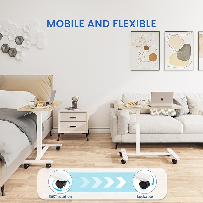 Overbed Laptop Table Height Adjustable C Shaped Desk on Wheels 80x40cm Wood