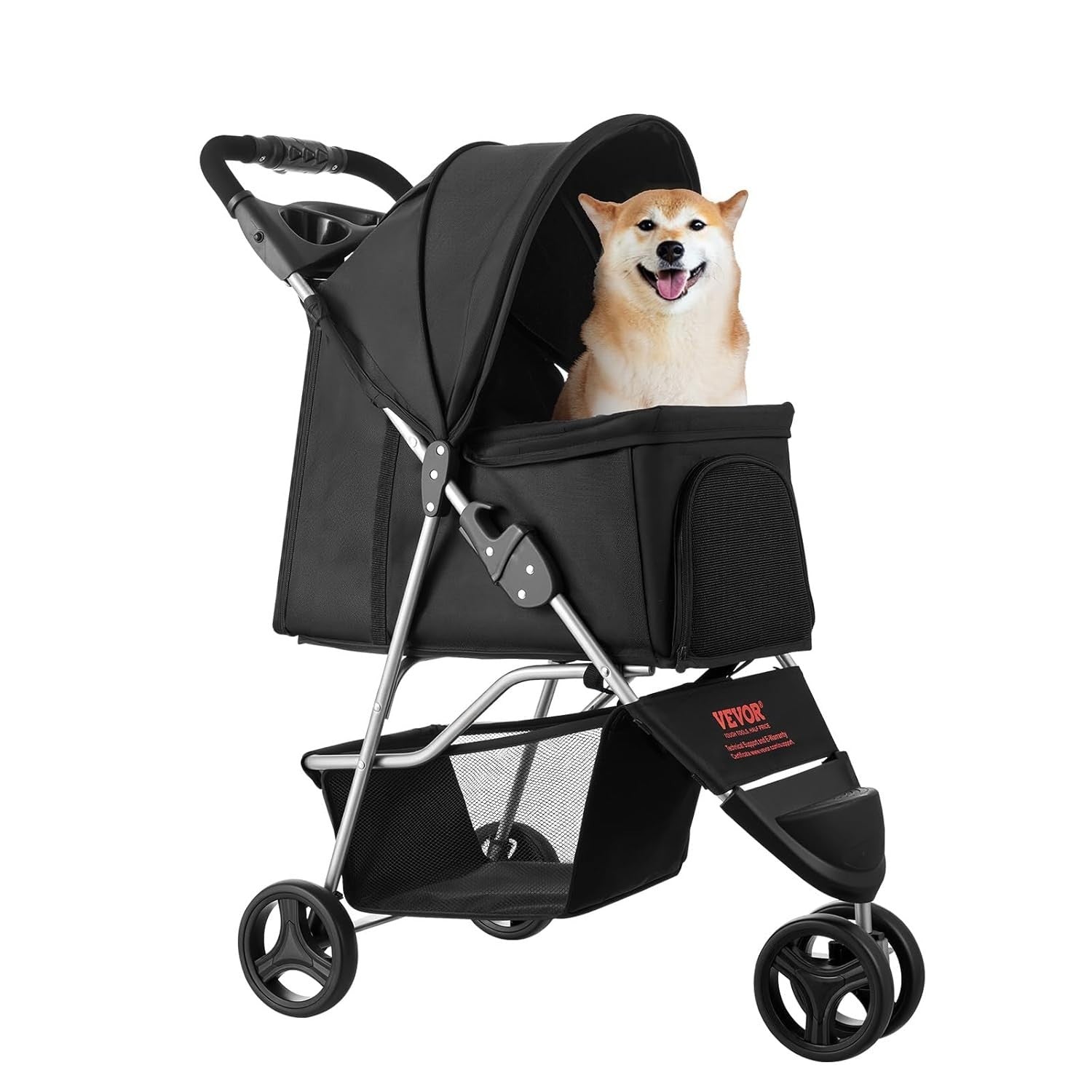 Pet Stroller 3 Wheel Folding Dog Pram 35lb Capacity Brake Mesh Cup Holder