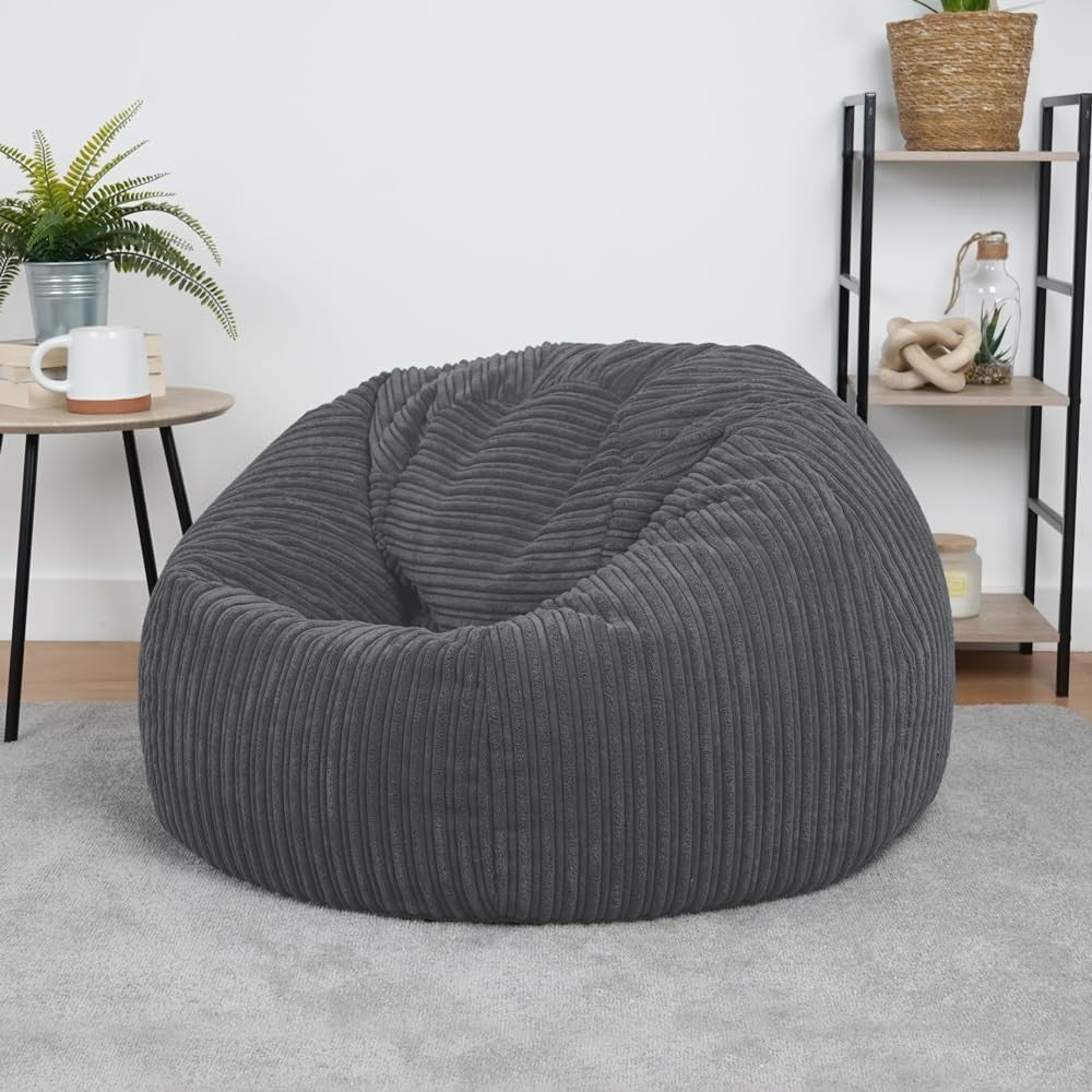 Grey Cord Bean Bag Chair Adult Lounge Seat – Washable Jumbo Recliner Sofa