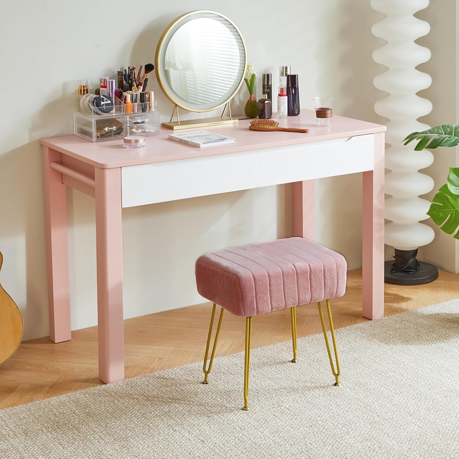 Pink Velvet Footrest Ottoman – Modern Vanity Stool with Gold Metal Legs