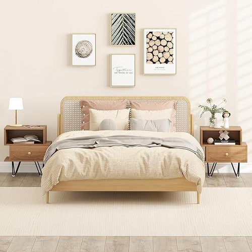 Wooden Bedside Tables Set of 2 with Drawer & Shelf, Metal Hairpin Legs, Modern
