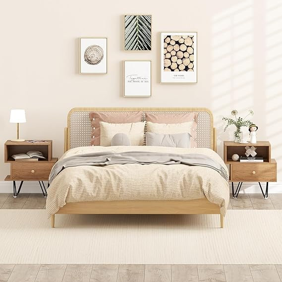 Wooden Bedside Tables Set of 2 with Drawer & Shelf, Metal Hairpin Legs, Modern