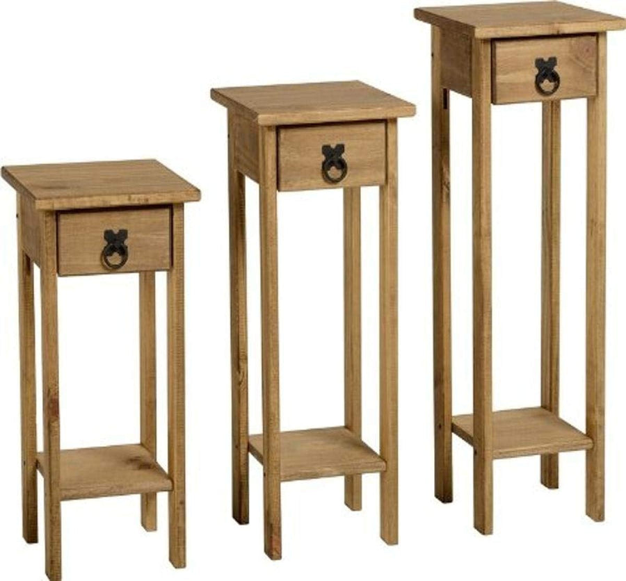 3X Rustic Pine Wood Plant Stands | Tall Nesting Tables with Drawer Storage Set