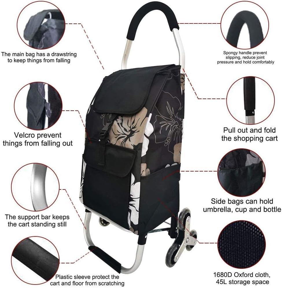 Folding 6-Wheel Stair Climber Shopping Trolley Cart 50kg Removable Bag