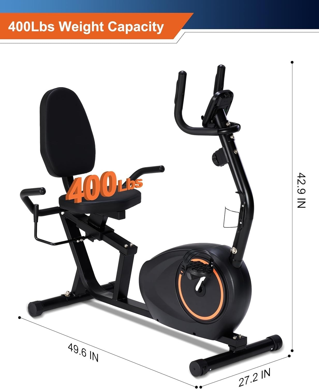 Recumbent Exercise Bike 400LB Capacity Magnetic 16-Level Seat Adjust LCD Pulse
