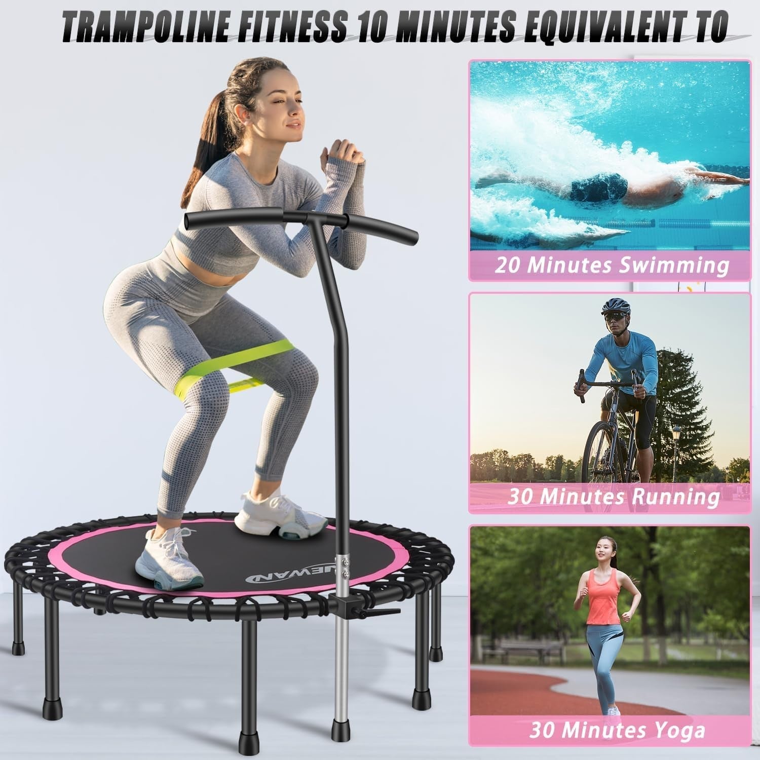 48in Silent Fitness Rebounder Adjustable Handle Indoor Cardio 150kg