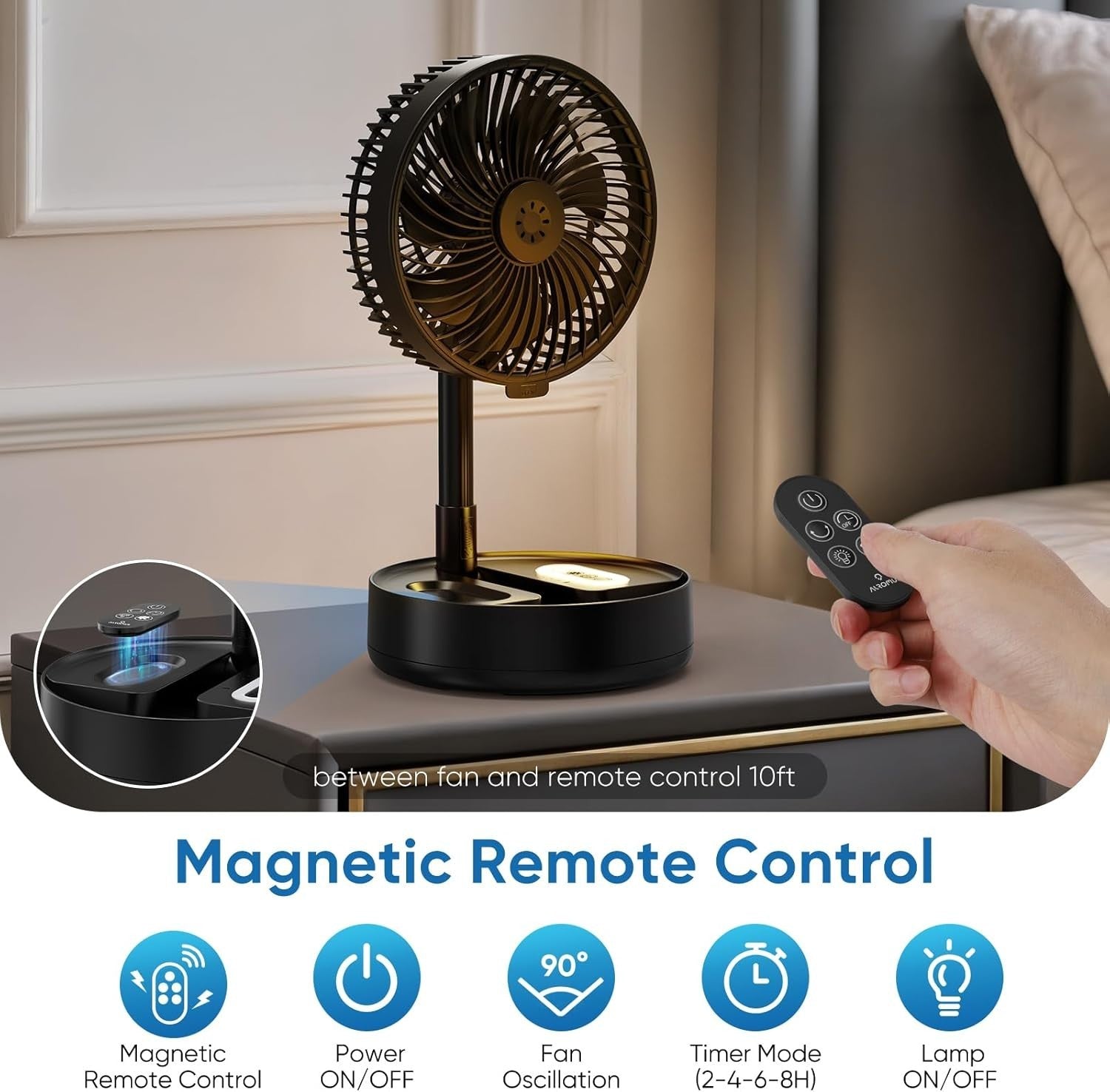 Foldable Fan – 4 Speed Telescopic Rechargeable w Remote LED Light Quiet Fan 30dB