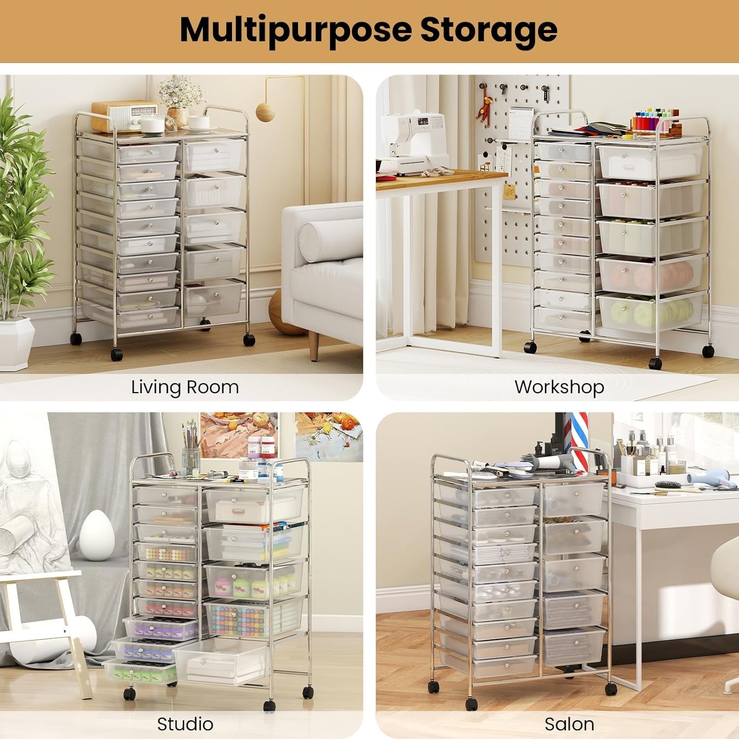 15 Drawer Storage Trolley Mobile Organizer Rolling Cart Lockable Wheels Clear
