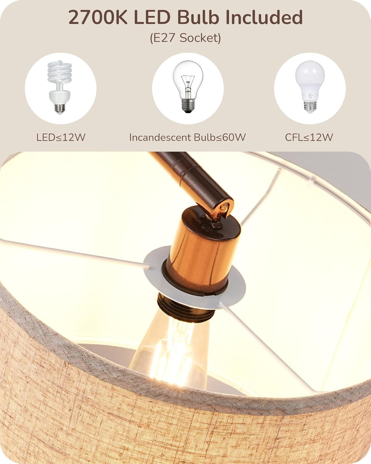 Modern Arc Floor Lamp Adjustable Linen Shade Brown Standing Light E27