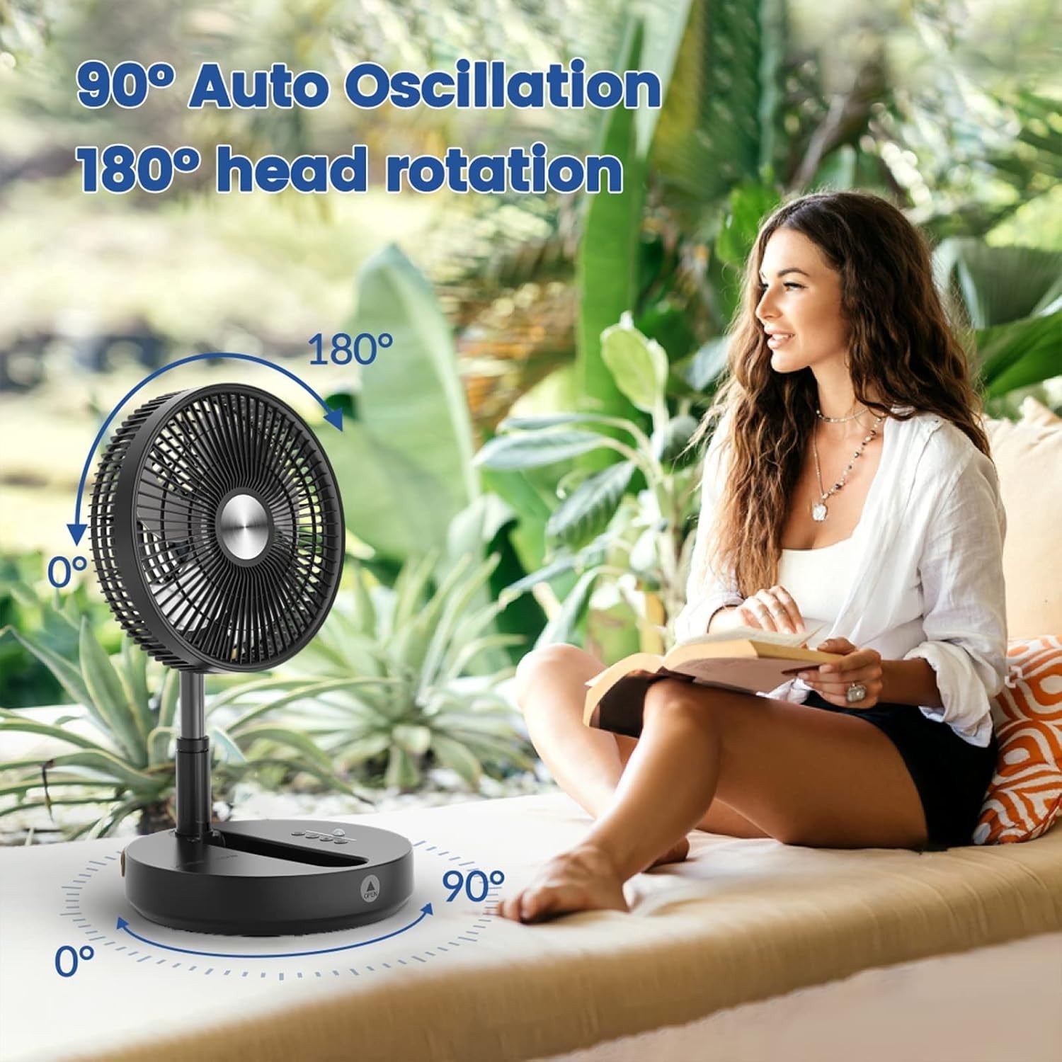 Rechargeable Folding Pedestal Fan 10 Inch 4-Speed Remote Control Portable Quiet