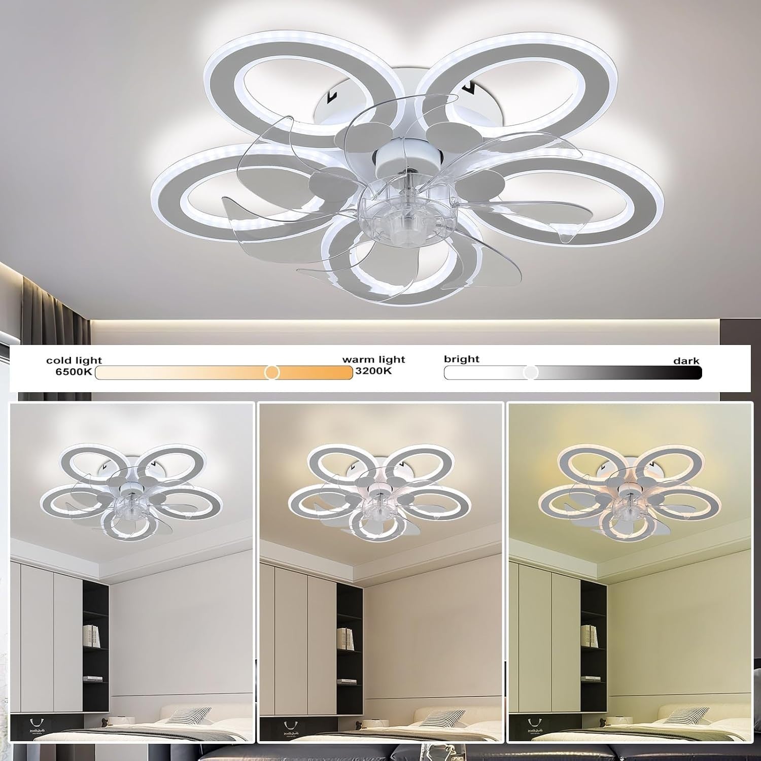 LED Ceiling Fan with Light, 6 Speeds, Dimmable, Low Profile, White