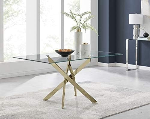Modern Glass Dining Table with Gold Metal Legs Rectangular 6 Seater Design