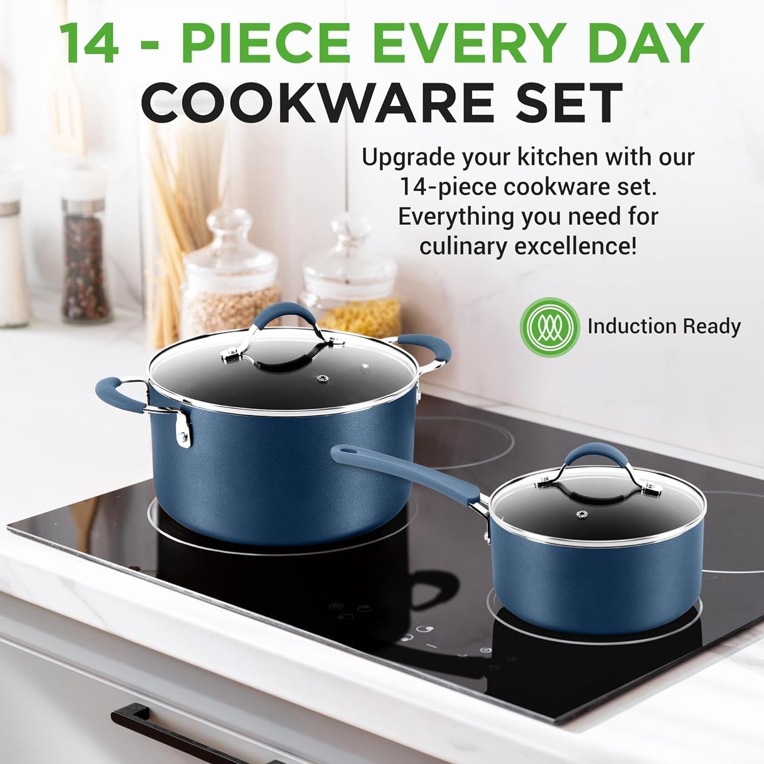 14pcs Blue Ceramic Stackable Non Stick Cookware Set Induction Safe Pots and Pans