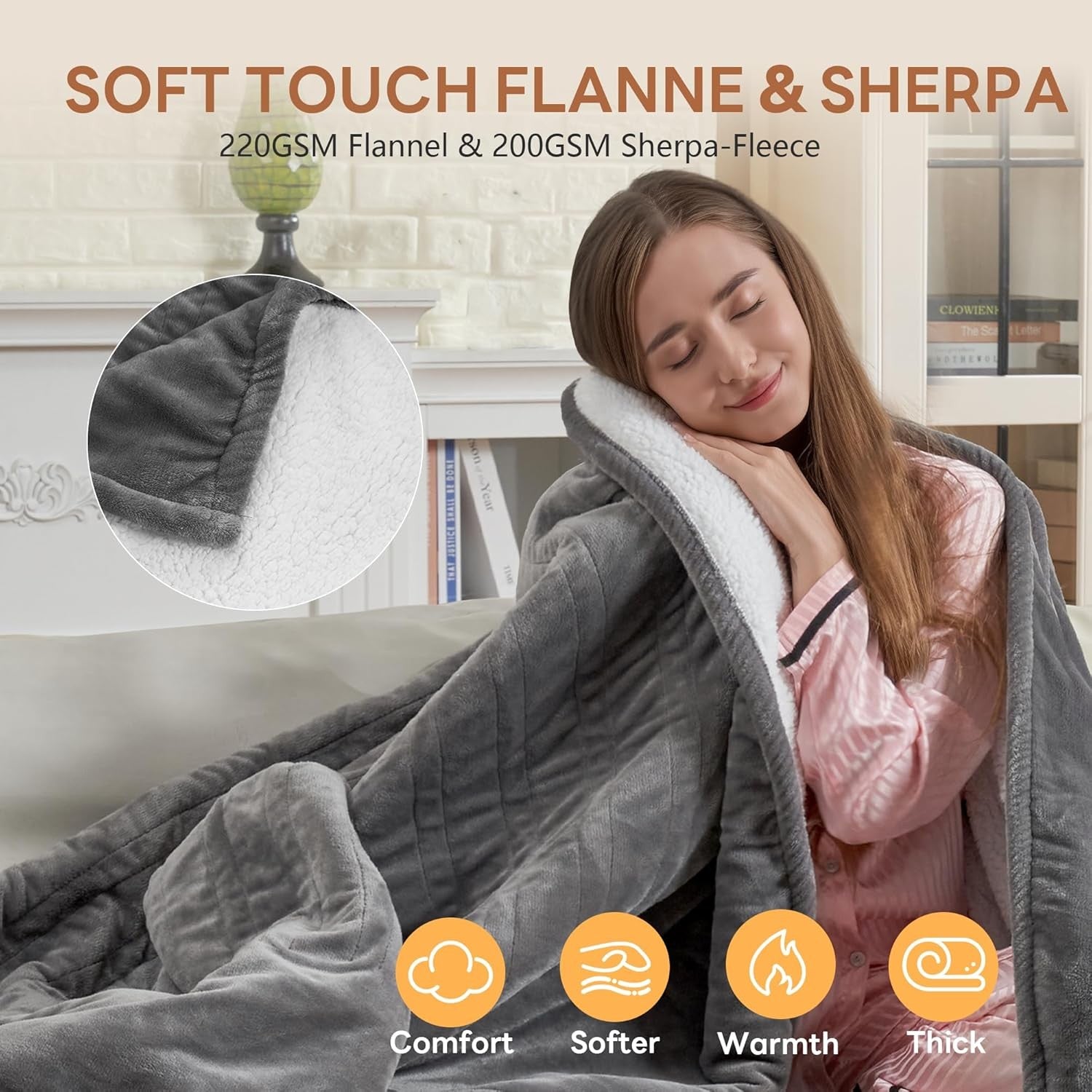 Electric Heated Throw Blanket Grey Flannel Fleece 160x120cm 6 Heat Timer