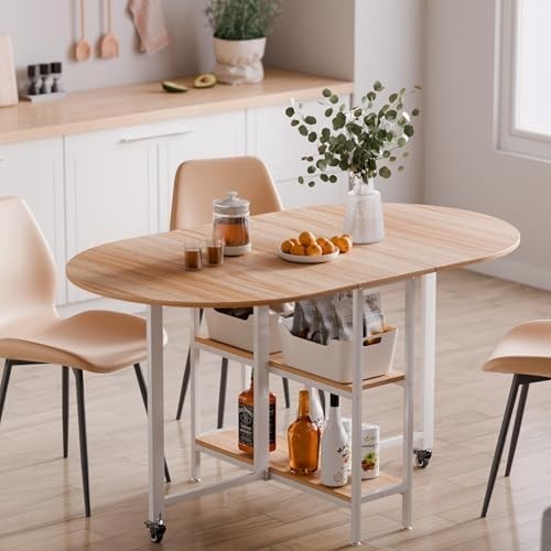 Oak & White Folding Dining Table Drop Leaf Mobile 4-6 Seat 140cm