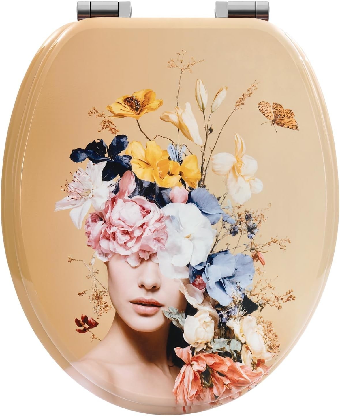 O-Shaped Wooden Toilet Seat Soft Close Quick Release Hinges Flower Goddess