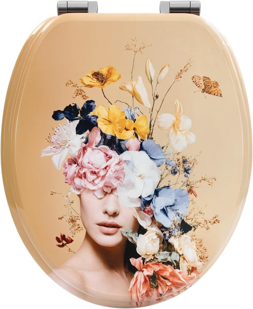 O-Shaped Wooden Toilet Seat Soft Close Quick Release Hinges Flower Goddess