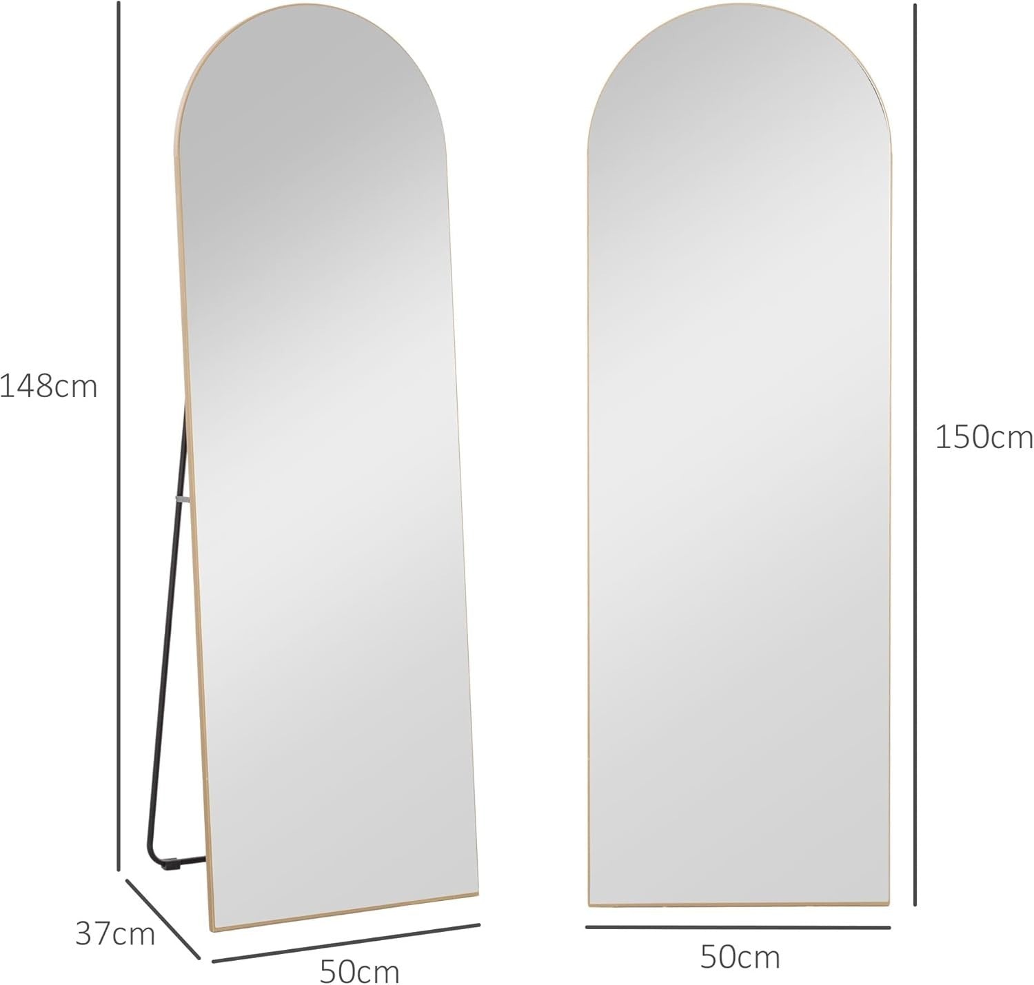 Full Length Arched Frameless Wall Mirror 50x150cm Gold Tone Stand Lean