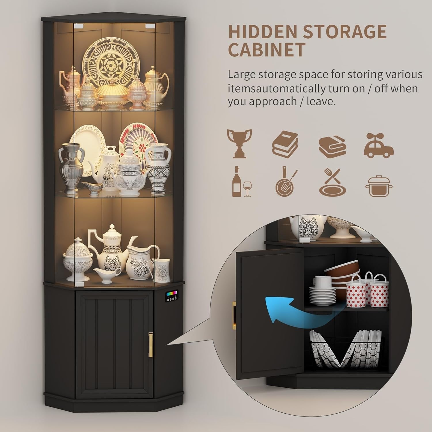 3-Tier Glass Display Cabinet with Motion Sensor & RGB Lights, 69" Corner Shelf