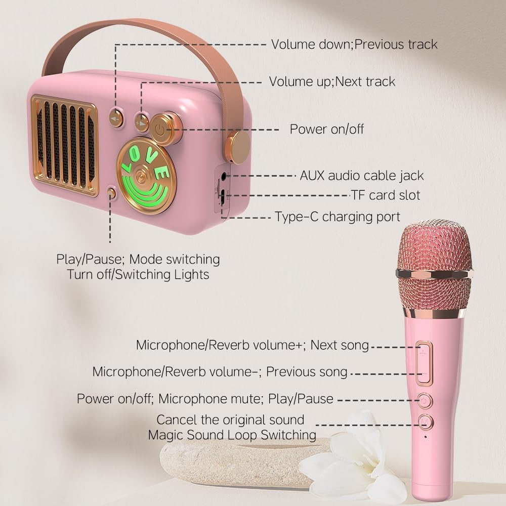 Bluetooth Karaoke Machine 15W Speaker 2 Mics LED Lights Purple