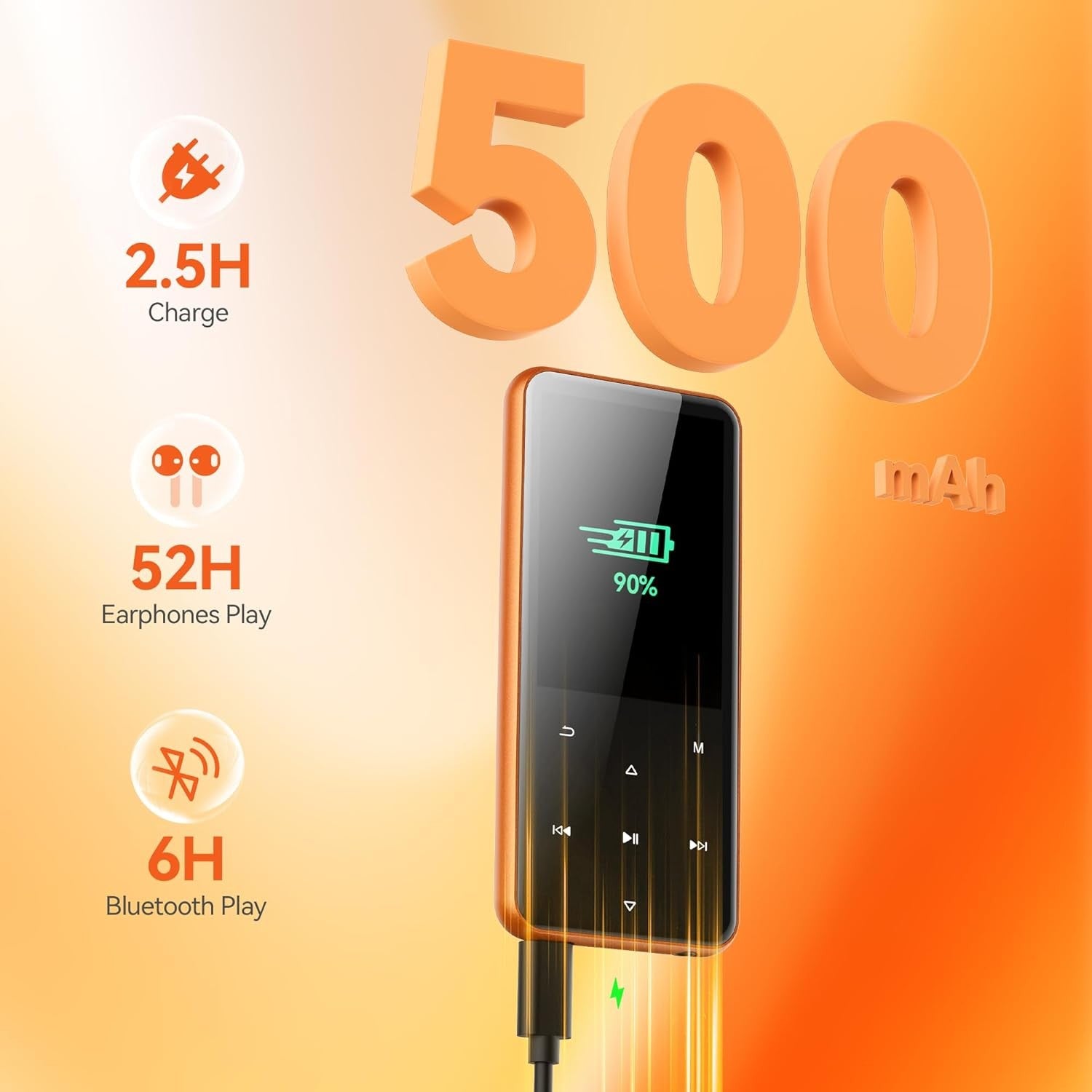 64GB Bluetooth 5.3 MP3 Player 2.4" Screen FM Radio Speaker Orange