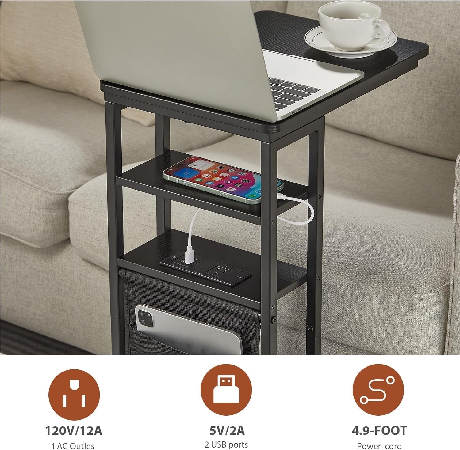 C-Shaped End Table with Charging Station, Storage & Slim 3-Tier Design