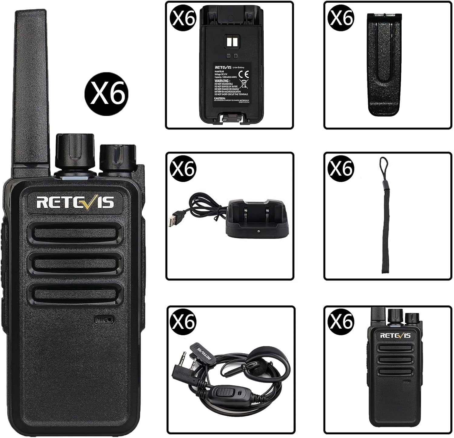 Professional Walkie Talkies 6 Pack Long Range 2 Way Radios w/ Earpieces