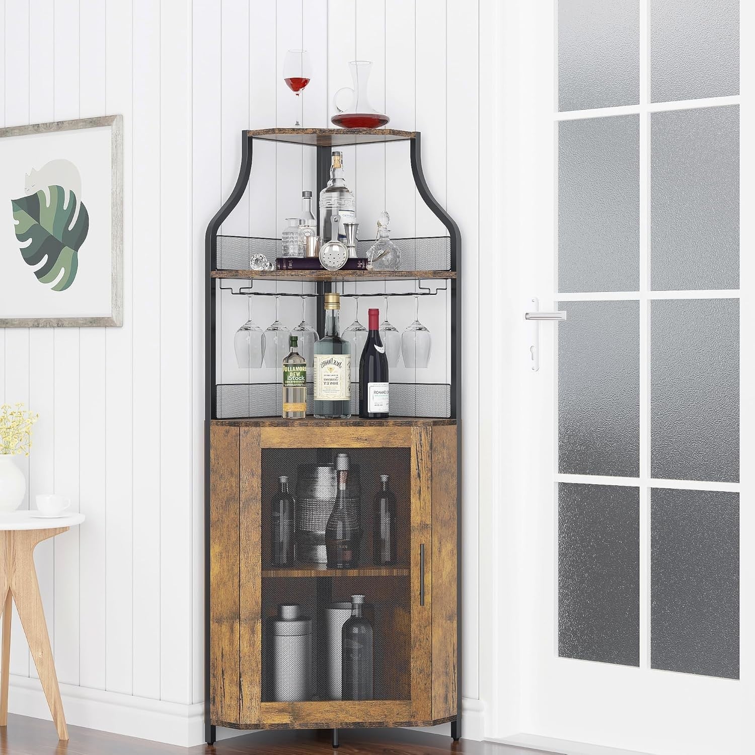 Rustic Corner Wine Bar Cabinet with Glass Rack & Storage Shelves, Freestanding