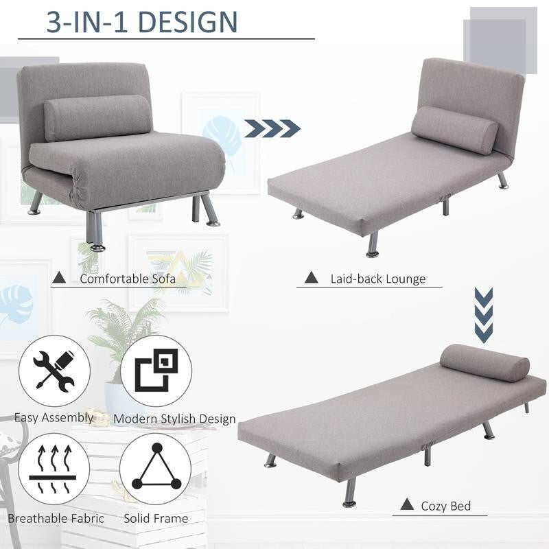 5-Position Folding Chair Bed Grey Guest Sofa Sleeper w/ Pillow & Suede Look