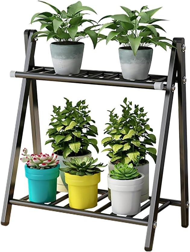 2 Tier Metal Plant Stand Indoor Outdoor Ladder Shelf Flower Pot Holder Black