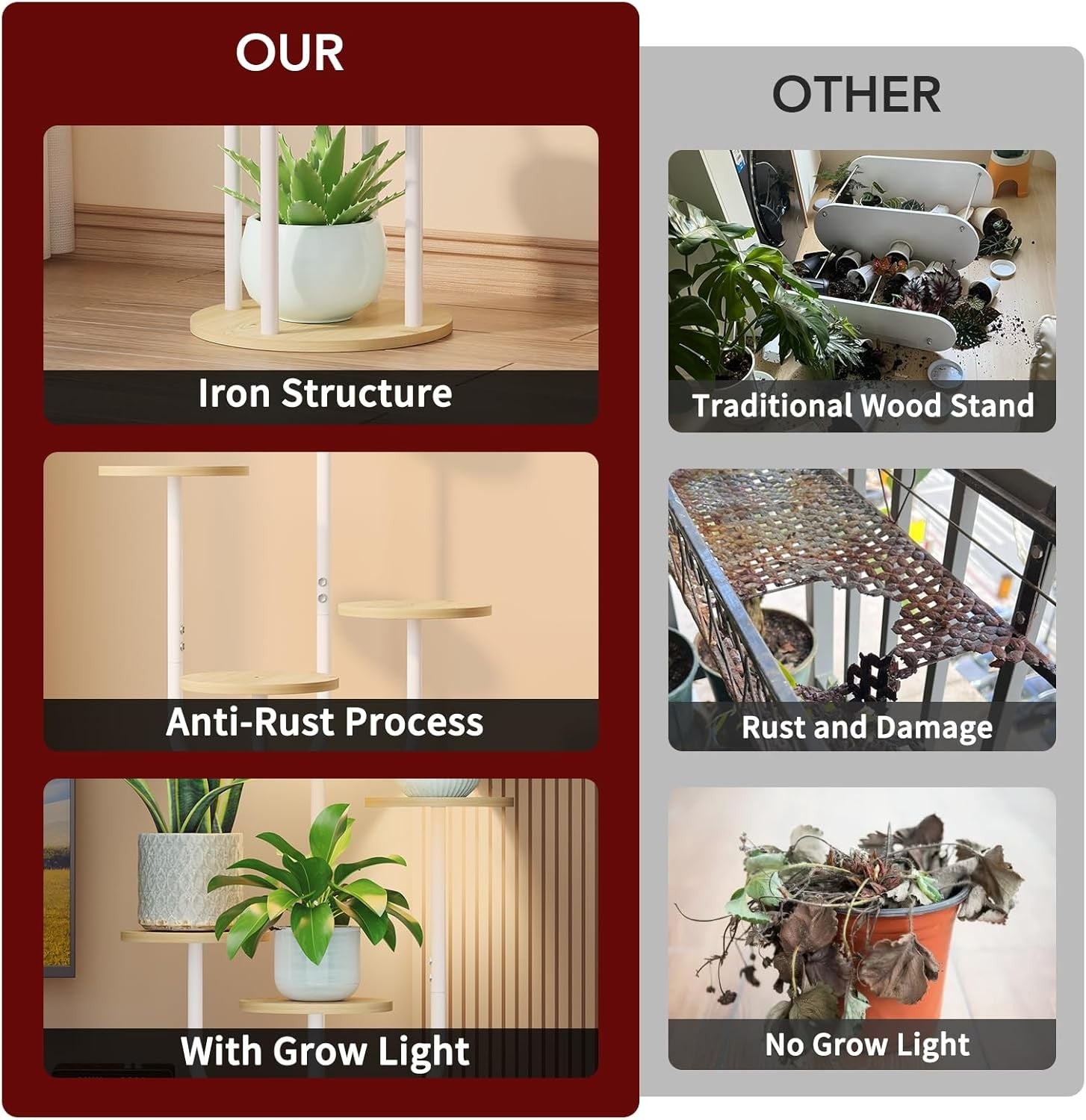 6 Tier Metal Wood Plant Stand White with Grow Light Indoor Corner Shelf Rack