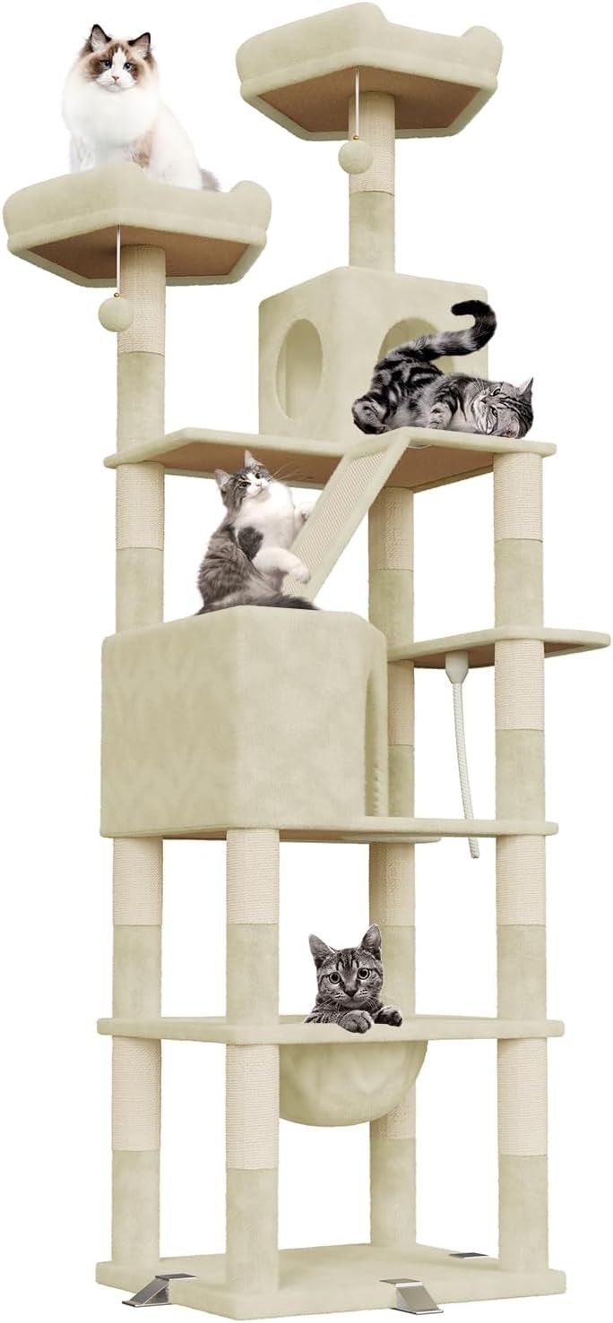 208cm Tall Cat Tree Tower Beige Anti-Tip Multi-Level Condo Scratching Post