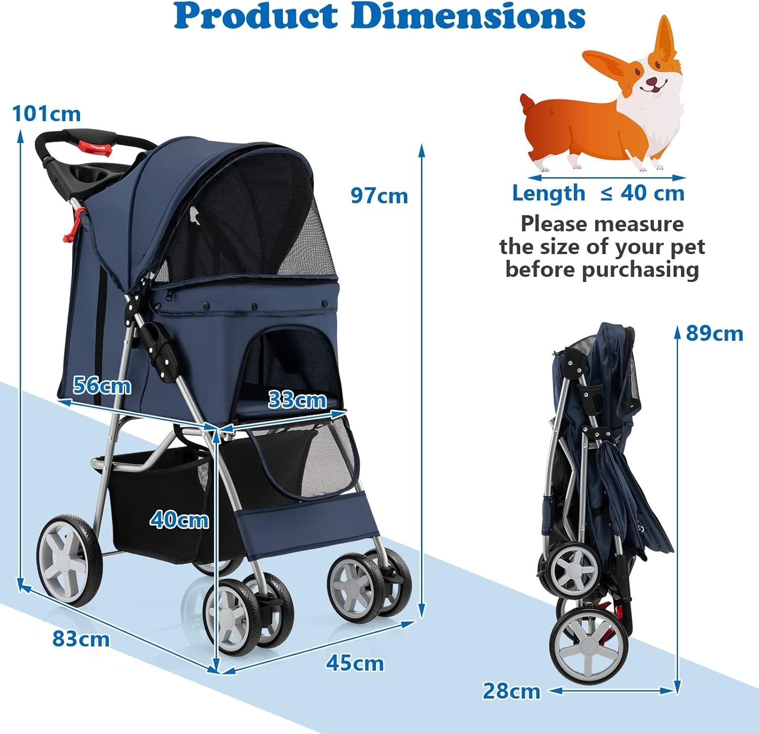Foldable Pet Stroller 4 Wheel Lockable Travel Pushchair Safety Belt