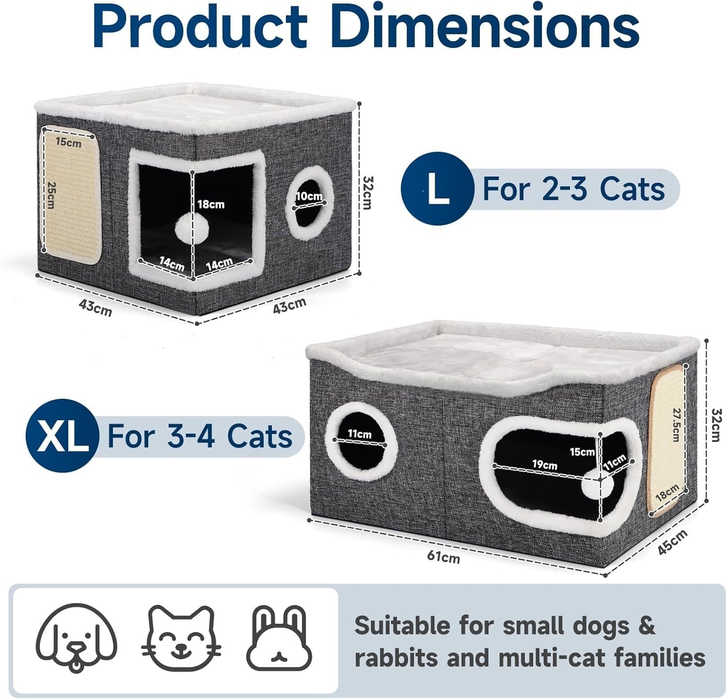 Extra Wide Cat Cube House 2 Layer Cat Cave Bed Foldable w Scratch Pad