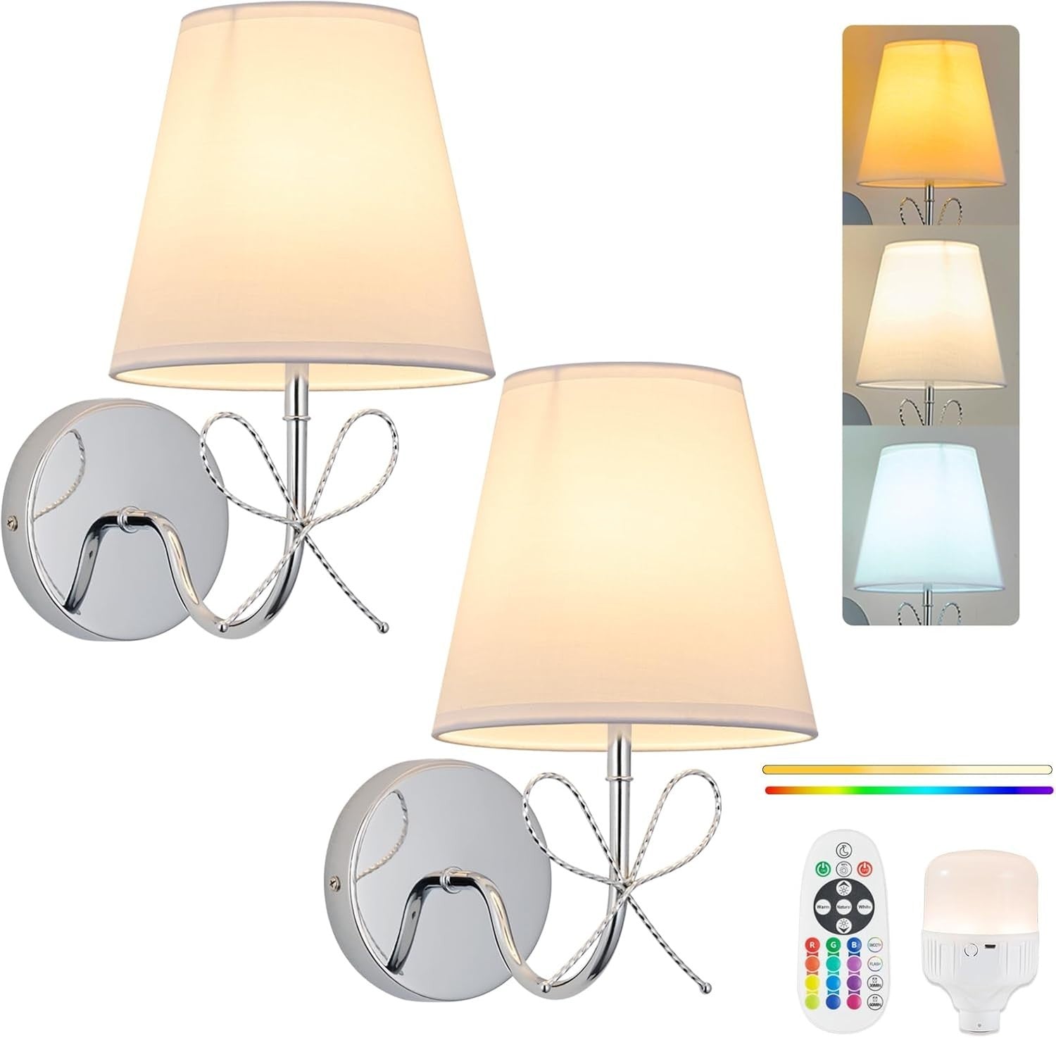 Wireless Wall Lights Chrome Set of 2, 15 RGB Colours, Remote & Timer, No Wiring