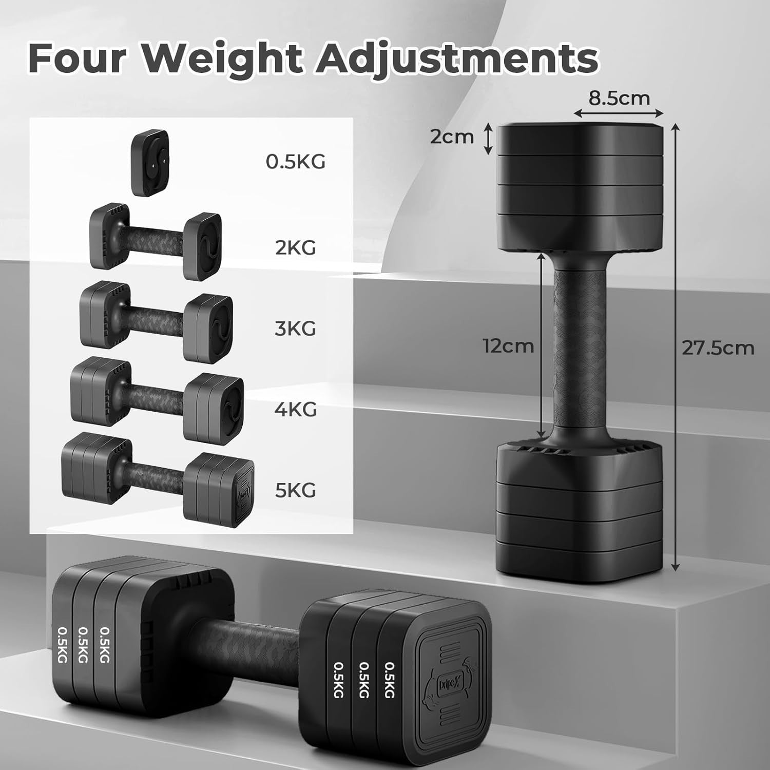 Adjustable Dumbbells Pair 5KG 4-in-1 Non-Slip Compact Home Gym