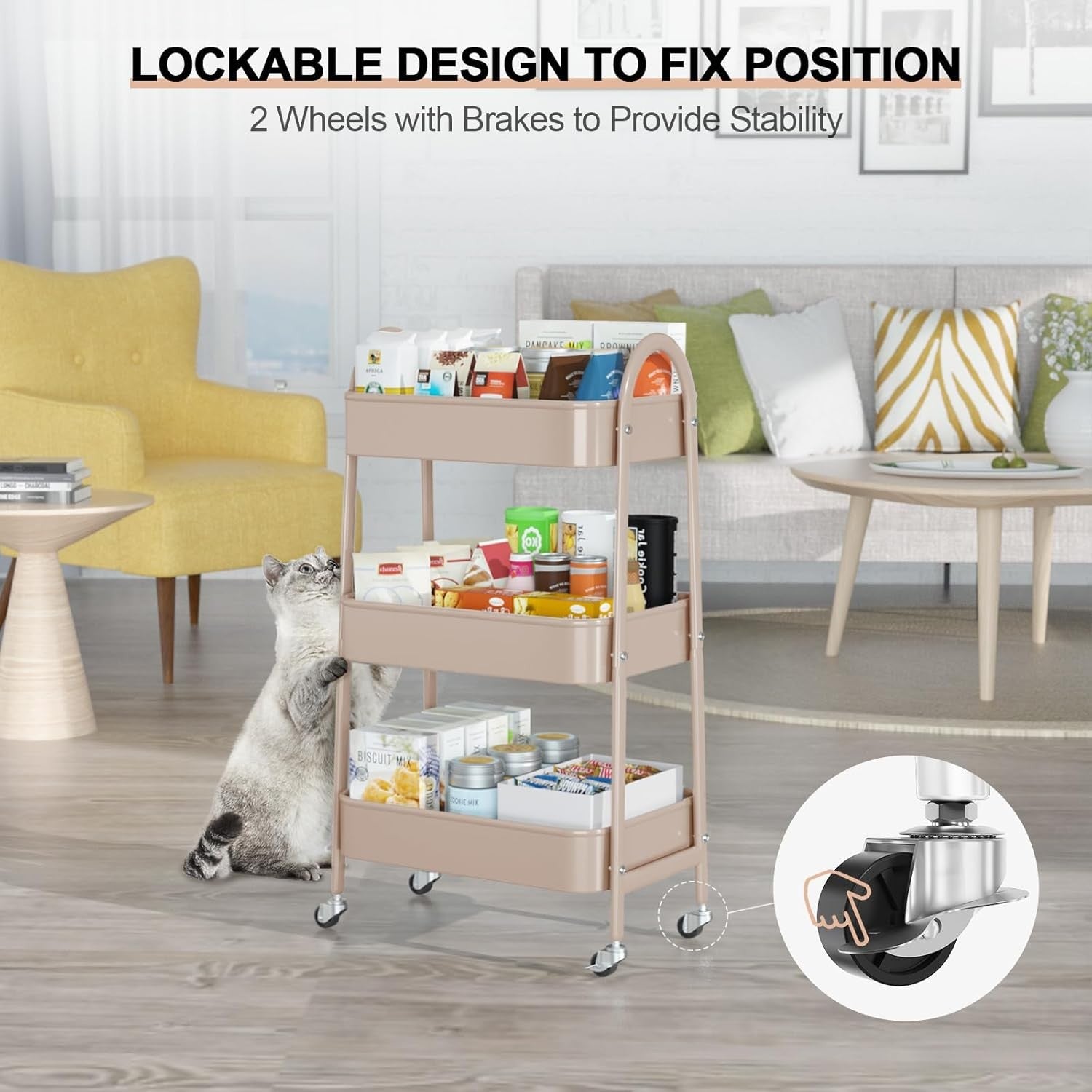3 Tier Utility Rolling Cart Metal Storage Trolley Lockable Wheels Handle