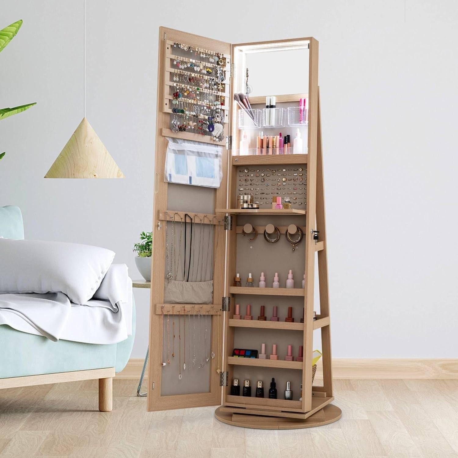 Natural 360° Swivel LED Jewelry Cabinet Mirror Lockable 3-Color Storage