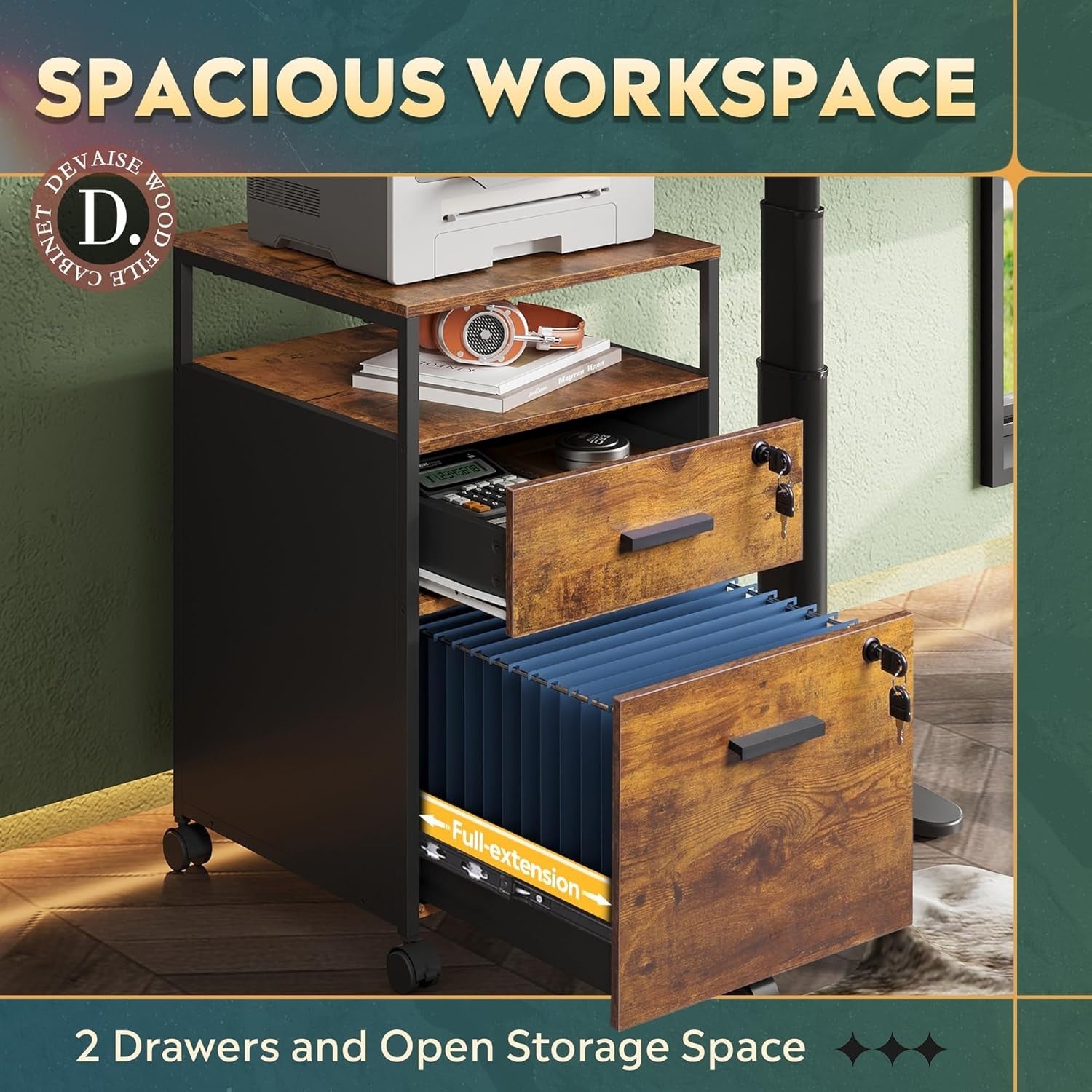 Brown 2 Drawer Mobile Filing Cabinet with Open Shelf Office Storage Lockable