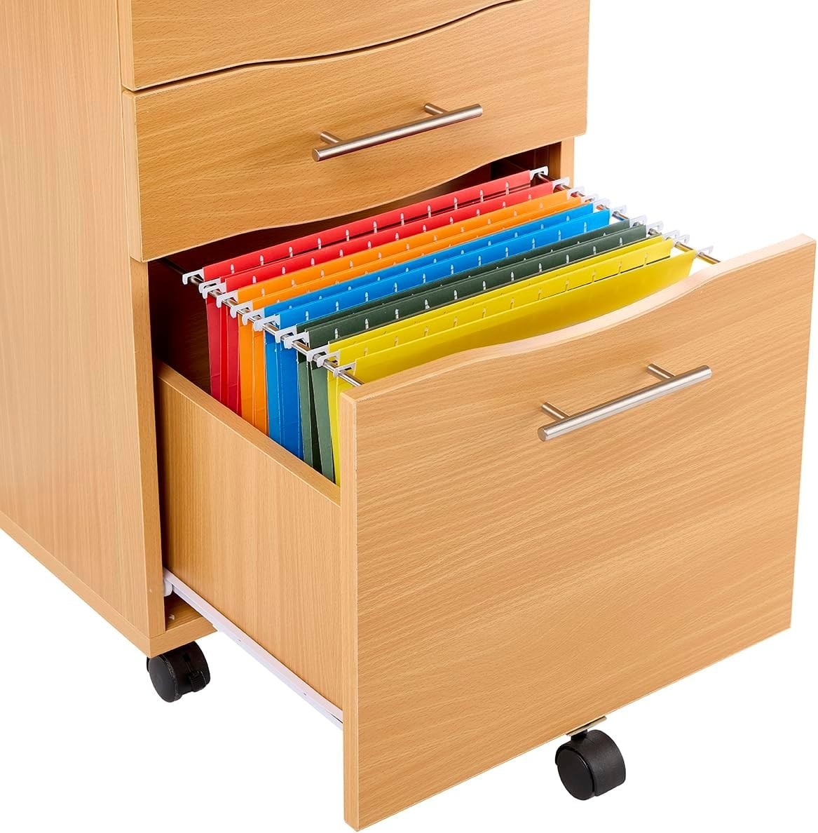 Beech Under Desk Filing Cabinet 3 Drawer Lockable Mobile 68cm