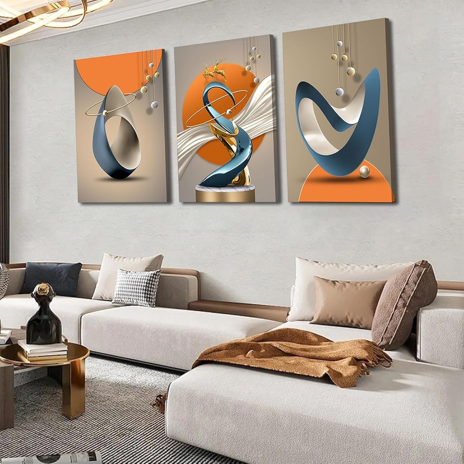 3Pcs Modern Abstract Canvas – Gold Deer Lines White Blue Orange Wall Art
