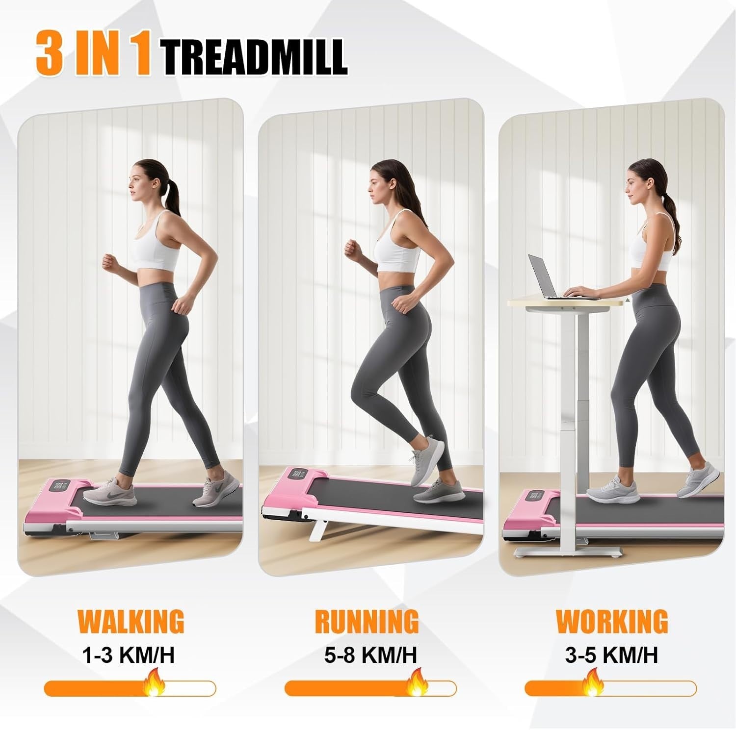 Foldable 3-in-1 Walking Treadmill with Incline, Under Desk Home Gym 8KM/H