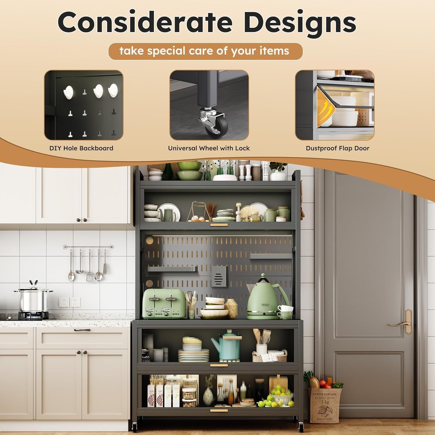 100x42x155cm 5-Tier Black Kitchen Storage Cabinet with Flip Door & Wheels